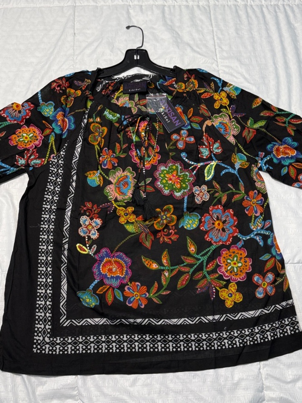 KiKiSol XXL Artisan Black Blouse with Bright Multicolor Floral Print &Embroidery